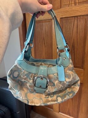 Coach Light Blue and Beige Signature Canvas Shoulder Bag